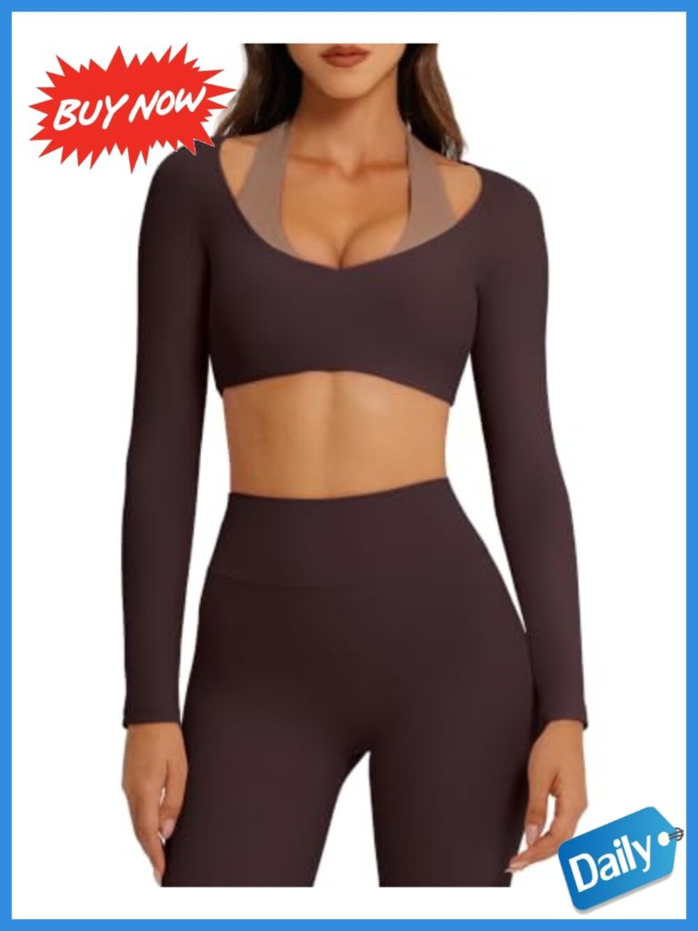 OMKAGI Long Sleeve Crop Top High Waist Leggings Workout Set Gym Yoga